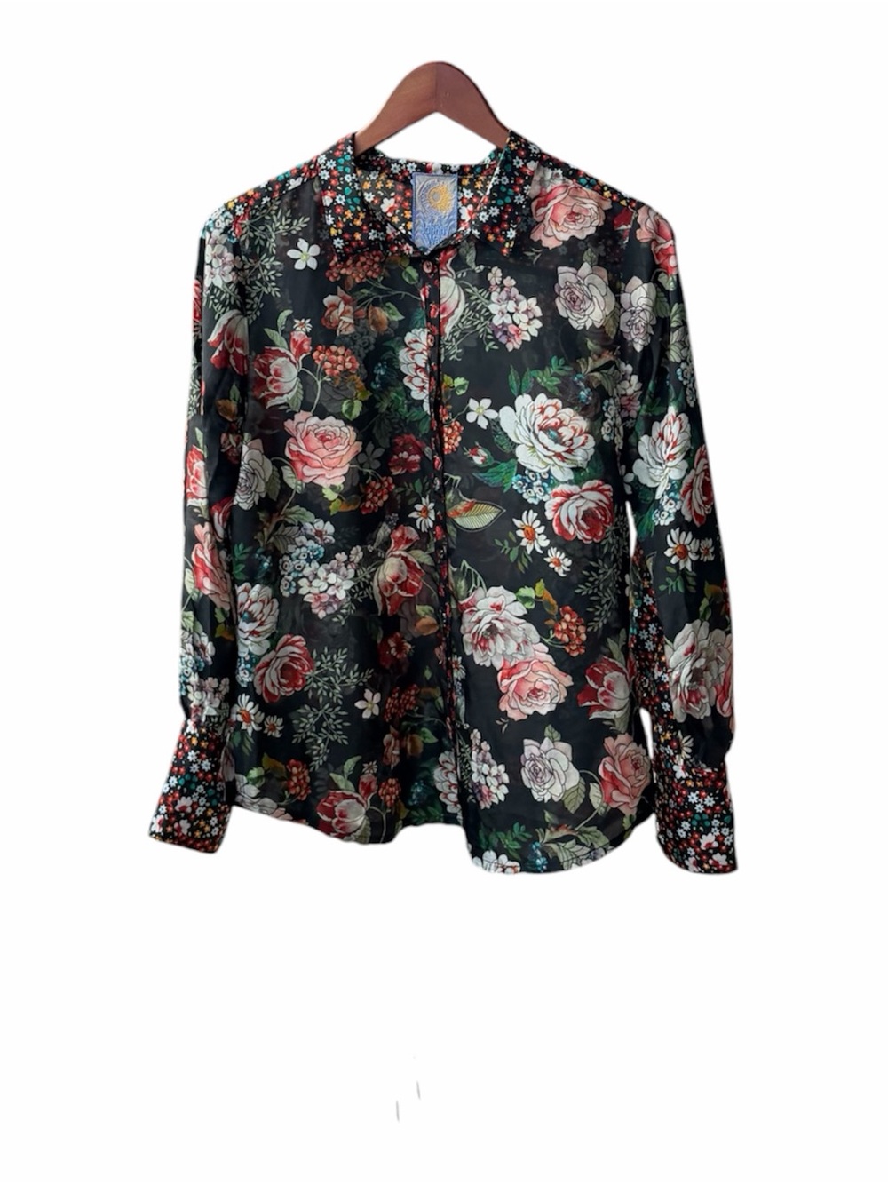 Johnny Was Black Floral Long-Sleeve Blouse